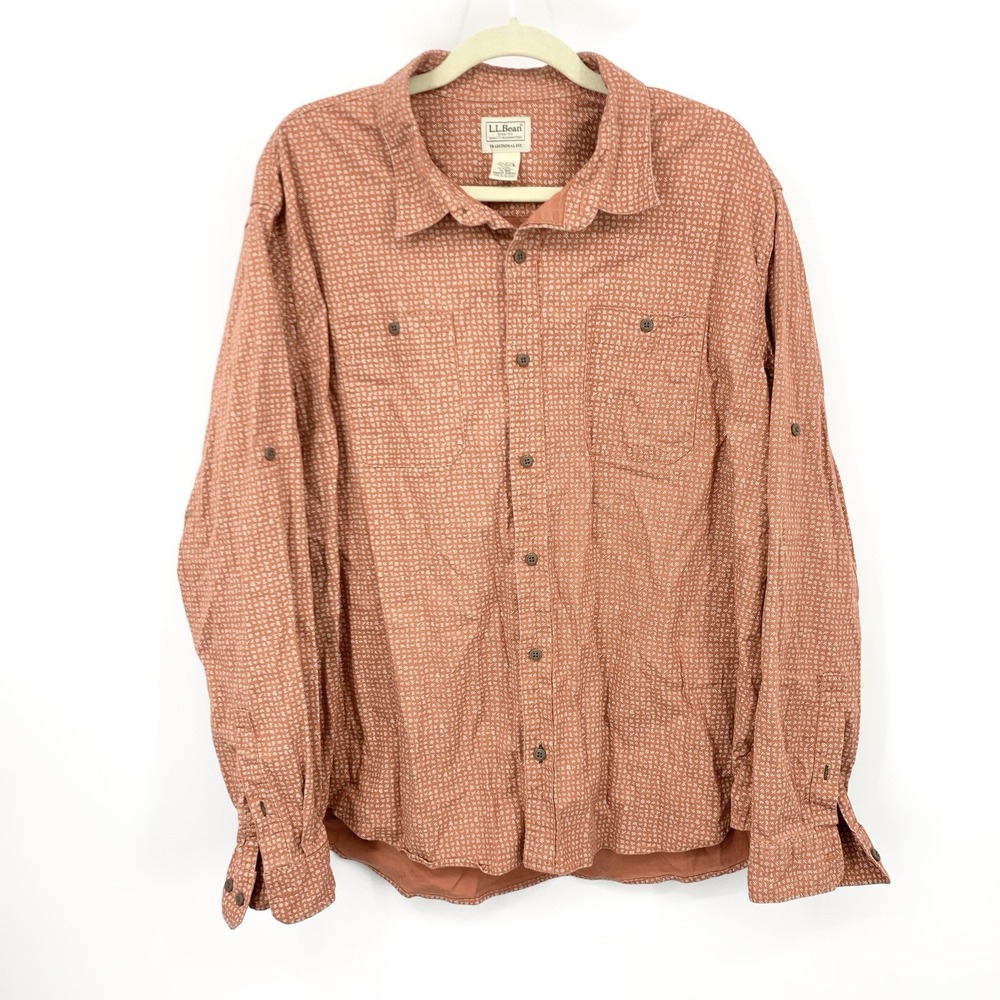 LL Bean Men Size XL Shirt Button‎ Down Top Red White Print Stretch Long Sleeve
